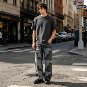 Men's High Waist Ripped Wide Leg <b>Jeans</b> Distressed Cotton Casual Pants Autumn Style Button Fly - Product Image 3