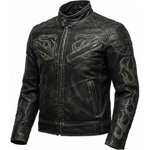 Motorcycle Black <b>Gothic</b> Flame Graphic Punk Rock 100% High Quality Leather <b>Jacket</b> Fire <b>Jackets</b> for Men - Product Image 1