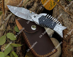 Cuchillo de bolsillo plegable de acero de Damasco forjado a mano con grabado de panal y mango de acero, agarre ergonómico, punta de caída OEM, con funda - Product Image 3