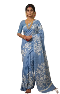 Sari bleu aqua à imprimé floral, tissu en soie pure Bishnupuri, pour femmes, Inde, Pakistan, Bangladesh, sari traditionnel - Product Image 1