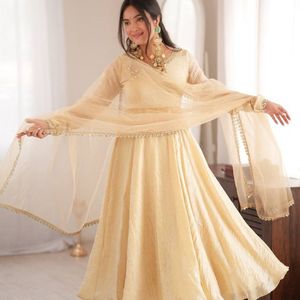 omens Fully Stitched Doremon Crush Gown Set with Real Mirror Work Lace Border Butterfly Net Dupatta Heavy Micro Cotton Pant Read - Product Image 4