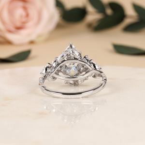 Luxury <b>Silver</b> Marquise Cut <b>Ring</b> with Floral Leaf Side Design and Round Accent Stones Elegant <b>Statement</b> Fine Jewelry Bridal <b>Rings</b> - Product Image 4