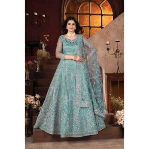 TENDENCIA HEAVY NET ZARKHAN DIAMOND y GLITTER SECUENCE TRABAJO LEHNGA CHOLI CON DUPATTA SKY - Product Image 1
