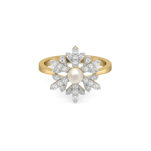 Yellow <b>Gold</b> Pearl <b>Cocktail</b> <b>Ring</b> With Diamond Bowknot Pave Setting Women's Romantic Fine Jewelry - Product Image 2
