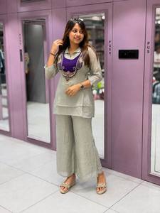 Grey <b>Linen</b> Kurta Set With Purple Embroidered Top And <b>Wide</b> <b>Leg</b> <b>Pants</b> For Women - Product Image 1