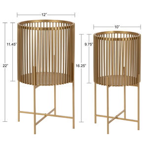 Ensemble de 2 jardinières en métal doré avec supports hauts, pots à fleurs modernes à lattes verticales pour plantes d'intérieur, salon de luxe, bureau - Product Image 2