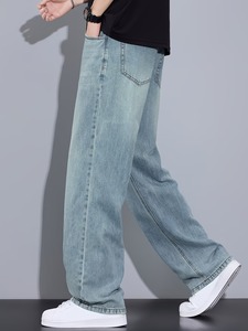 Jeans de Mezclilla Anchos con Tinte Vintage para Hombre |   Pantalones Azules Holgados y Relajados |   Ropa Casual de Verano Ligera de Pierna Recta para Calle - Product Image 5