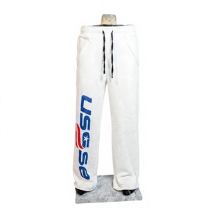 <b>White</b> Lightweight Polyester/Cotton Drawstring Casual Embroidered Logo Streetwear Mid Waist Flat Front Summer Unisex <b>Jogger</b> - Product Image 1