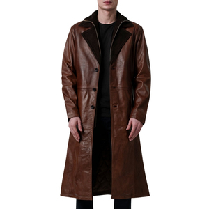 Abrigo Largo de Cuero Genuino Marrón para Hombre, con Solapa con Muescas, Cierre de un Solo Botón, Largo hasta la Rodilla - Product Image 1