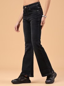 Boot Cut Mid Waist <b>Stretch</b> <b>Denim</b> Jeans Black Blue Vintage Ripped Eco-Friendly Washable Cotton Hand-painted Design - Product Image 3