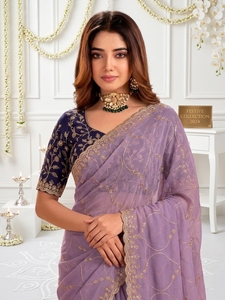 AARA Fashion Purple Silk Saree with <b>Gold</b> Embroidery Navy Blue <b>Blouse</b> for Women's Traditional Indian Wedding Wear Sun Protection - Product Image 3