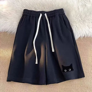 Nouveau short décontracté pour femme, tendance minimaliste, imprimé chat noir, style décontracté et polyvalent - Product Image 2