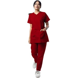 Women's Red <b>Scrub</b> Set V-Neck Short Sleeve With Pockets Hospital Uniform Woven Cotton Polyester Blend - Product Image 1