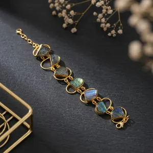 SOUMYA CREATIONS Bracelet jonc géométrique en laiton plaqué or avec breloque labradorite et pierre bleue pour femme, bijou tendance pour les occasions festives - Product Image 5