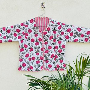 Blazer en coton brodé floral pour femme, col en V, manches trois quarts, veste matelassée faite à la main avec patchwork, été - Product Image 2