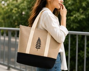 Sac fourre-tout en jute avec broderie de feuilles, fermeture éclair, style minimaliste, utilisation quotidienne, plage, shopping, voyage, doublure en toile, beige et noir - Product Image 6