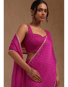 Saree KV in Georgette Rosa <span class=keywords><strong>Fucsia</strong></span> con Stampa Leheriya e Blusa Non Cucita - Product Image 5