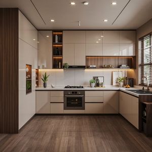 Cuisine moderne luxueuse avec armoires brillantes, éclairage intelligent et îlot spacieux pour les intérieurs de maisons haut de gamme - Product Image 3
