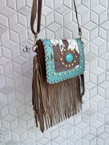 Bolso con flecos de piel de vaca auténtica, bolso con bandolera de piedra turquesa, bolso de estilo occidental hecho a mano Vintage bohemio gitano, bolsos elegantes multiusos - Product Image 2