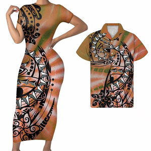 Robe de club polynésienne pour femme et chemise assortie pour homme, style long, motif tribal personnalisé à rayures dorées, grandes tailles - Product Image 4