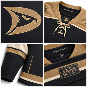 Maillot de hockey sur glace OEM personnalisé en gros, col lacé, broderie premium, noir et or, maillot de hockey rétro pour homme - Product Image 5