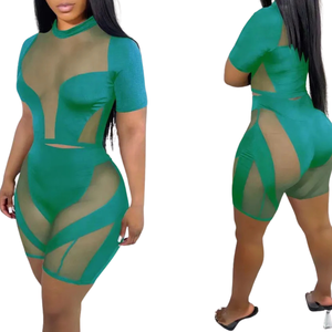 Womens <b>Two</b> <b>Piece</b> Solid Sheer <b>Mesh</b> Regular Fit Three-quarter Sleeve Crop Top and Biker Shorts Clubwear Summer OEM ODM Wholesale - Product Image 6