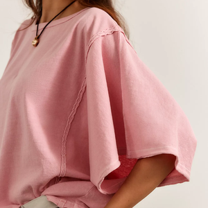 Summer New Print Oversized Pink Batwing Sleeve T-Shirt Plus Size Women's Solid Color O-<b>Neck</b> Short Length Jersey Cotton Top Women - Product Image 3