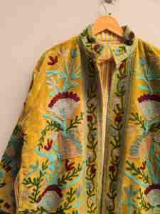 Antique <b>Mustard</b> Velvet Suzani Jacket for <b>Women</b> Hand Embroidered Wildflower Garden Bohemian Ethnic <b>Coat</b> Wholesale Fashion Export - Product Image 5