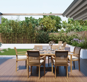 Ensemble de table à manger rectangulaire d'extérieur en teck massif, écologique, imperméable, 6 places, avec chaises à accoudoirs, finition naturelle, pour hôtel, villa - Product Image 4