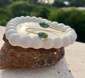 Handmade Gold Cuff <b>Bracelet</b>: Turquoise & Marquise Gemstone <b>Boho</b> Bangle - Product Image 2