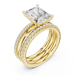 Bague de fiançailles en or jaune avec diamant de laboratoire taille radiant, double pavé, bague de mariage de luxe pour femme, idéale comme cadeau - Product Image 3