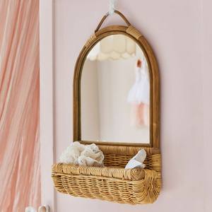 Espejo de pared bohemio de ratán con estante para pasillo, baño y decoración de oficina en casa, espejos de ratán vintage de Vietnam - Product Image 2