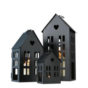 Black Metal House Shaped <b>Lanterns</b> with Heart Cutouts for Home Decoration - Product Image 1