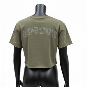 Cotton Jersey Women Crop <b>Top</b> T Shirt Olive Green Fashion Tee Custom <b>Rhinestone</b> Heat Transfer Logo Women Crop <b>top</b> Shirt Cotton - Product Image 5