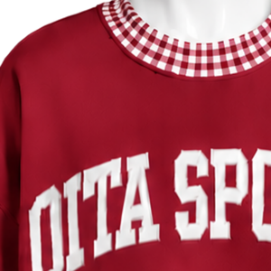 Mens <b>Maroon</b> Oversized Crewneck Sweatshirt Gingham Check Trim Long Sleeve Casual Pullover Fashion Streetwear Athletic Sports <b>Top</b> - Product Image 5