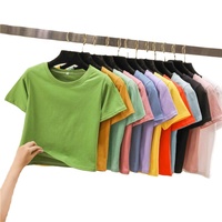 Nouveau T-shirt décontracté et mignon pour femme, en denim tricoté et flanelle, à manches courtes, col rond, coupe courte, avec déchirures, couleur unie, pour l'été