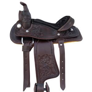 Silla de Montar Infantil de Cuero de Búfalo 100% Duradera y Personalizable de 10 Pulgadas, con Grabado Floral Tallado a Mano y Asiento Acolchado Suave para Niños - Product Image 1