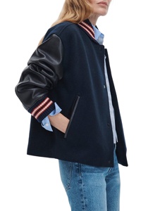Veste universitaire pour femme bleu marine avec manches en cuir et bordure contrastante, col montant, manches longues, pour l'automne - Product Image 2