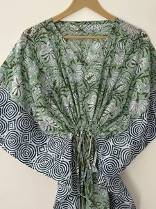 Vestido Kaftan Maxi con Estampado Floral Boho Chic en Color Menta, Cuello en V, Corte Holgado, Algodón, Casual, para Vacaciones y Playa - Product Image 3