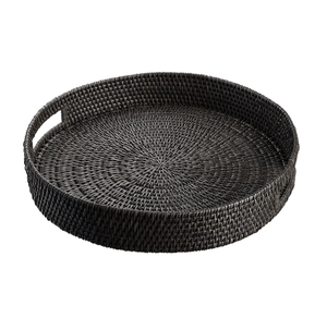 Plateau décoratif créatif en rotin noir tressé avec poignée, design rustique, forme ronde, en gros - Product Image 1
