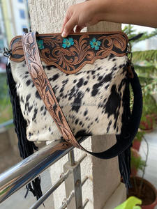 Bolso de mano de cuero con flecos de piel de vaca auténtica tallado bohemio color turquesa nuevo diseño bolsos para mujer - Product Image 4