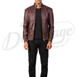 Men Maroon Genuine <b>Leather</b> Quilted Bomber <b>Jacket</b> with Standing Collar and Ribbed Cuffs - Product Image 2