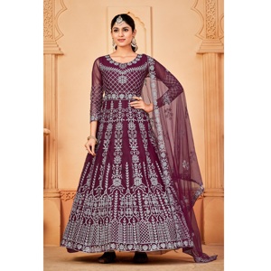 Elegante Traje Anarkali Morado para Mujer a Precio Bajo, Crepé, Mangas 3/4, Semi-Cosido, para Ocasiones Festivas - Product Image 1