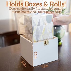 White Wooden Tissue Box Cover Square Facial Tissue Holder with Gold Metal <b>Latch</b> <b>Lock</b> Decorative Napkin Dispenser Case Organizer - Product Image 2