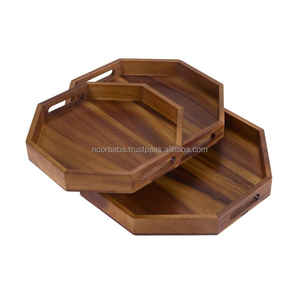 Bandeja de servicio de madera de acacia redonda de lujo europeo moderno con patrón dorado elegante para servir té en la exhibición de la sala de estar - Product Image 5