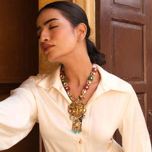 Gajaah 925 Sterling Silver Nakshi Temple <b>Necklace</b> With <b>Ruby</b>, Emerald, Polki & Tourmaline - Product Image 2