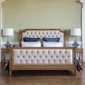 Luxury <b>Bed</b> Solid Wooden for Hotel Project Light Brown Color With Padded Headboard Leather Classic and French Furniture - Product Image 1