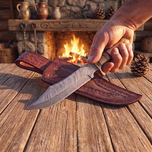 Couteau de chasse artisanal en acier Damas, manche en bois, lame à pointe tombante, couteau à lame fixe pour la survie en extérieur avec étui en cuir - Product Image 5