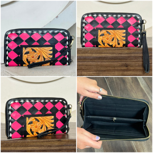 Hot Selling <b>Pink</b> Black Checker Diamond Pattern Genuine Leather Wristlet Wallet Cute Card & Cash Holder Women Evening <b>Clutch</b> <b>Bags</b> - Product Image 1