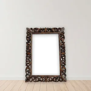 Hand Carved Wooden <b>Wall</b> <b>Mirror</b> Frame Brown Finish Rectangular <b>Hanging</b> <b>Mirror</b> Frame for Vertical or Horizontal Display Home - Product Image 6
